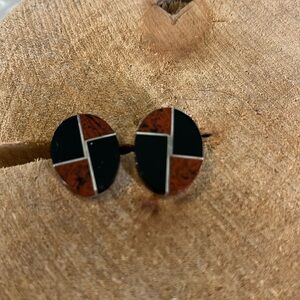 Vintage Mexican Sterling 925 Silver Onyx Bloodstone Inlay Oval Earrings